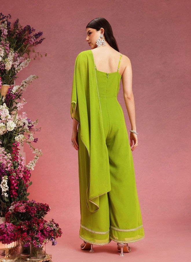 Indo Street Lime Green Self Design Jumpsuit for Women - Image 4