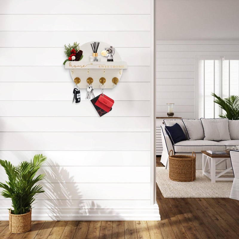 Leiruotm Key Holder For Wall  Key And Mail Holder Organizer - Key Holder Wall Mount With Bouquet Shelf And Key Hooks  Round Wooden Rustic Key Rack For Entryway And Home Decor (White) - Image 4