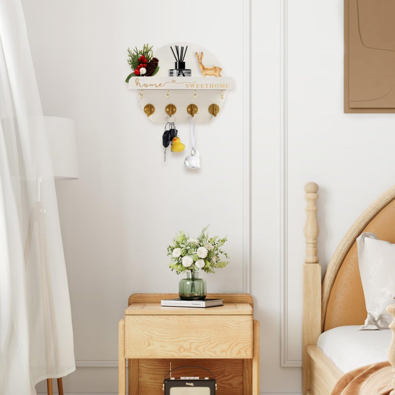 Leiruotm Key Holder For Wall  Key And Mail Holder Organizer - Key Holder Wall Mount With Bouquet Shelf And Key Hooks  Round Wooden Rustic Key Rack For Entryway And Home Decor (White) - Image 5