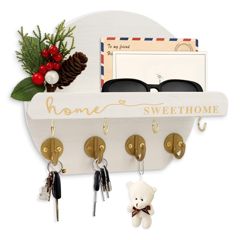 Leiruotm Key Holder For Wall  Key And Mail Holder Organizer - Key Holder Wall Mount With Bouquet Shelf And Key Hooks  Round Wooden Rustic Key Rack For Entryway And Home Decor (White) - Image 1