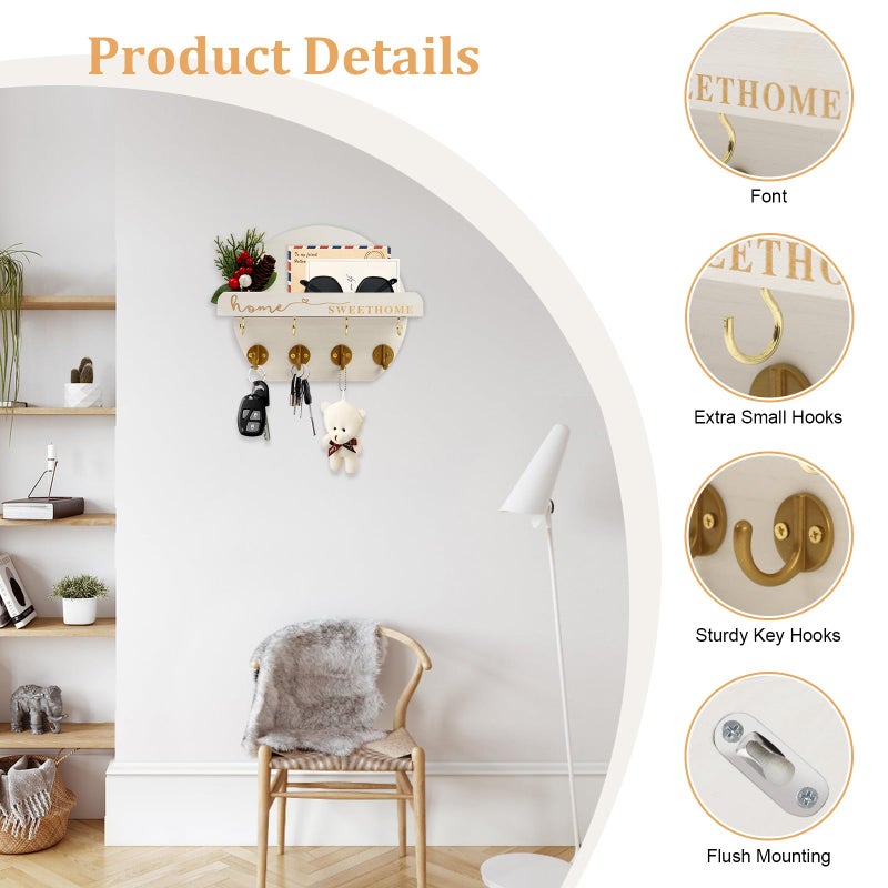Leiruotm Key Holder For Wall  Key And Mail Holder Organizer - Key Holder Wall Mount With Bouquet Shelf And Key Hooks  Round Wooden Rustic Key Rack For Entryway And Home Decor (White) - Image 2