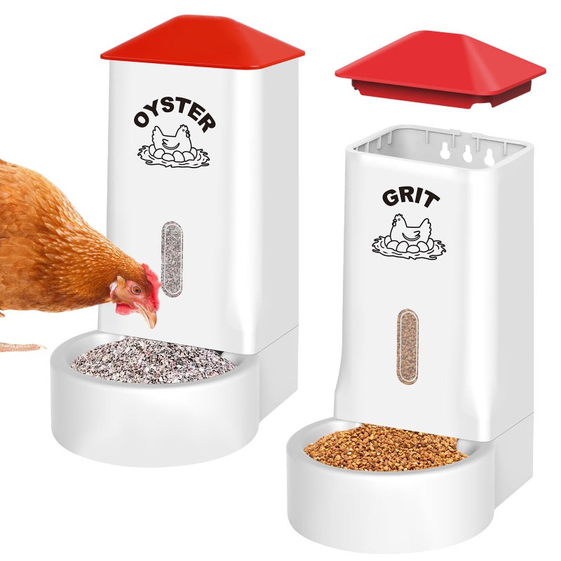 ANGAR 2Pack Oyster Shell and Grit Feeder Combo, PVC Chicken Feeder with Viewing Window/Lid, Hanging Gravity Chicken Grit Feeder, Coop Accessories for Healthier Hens and Eggs - Image 1