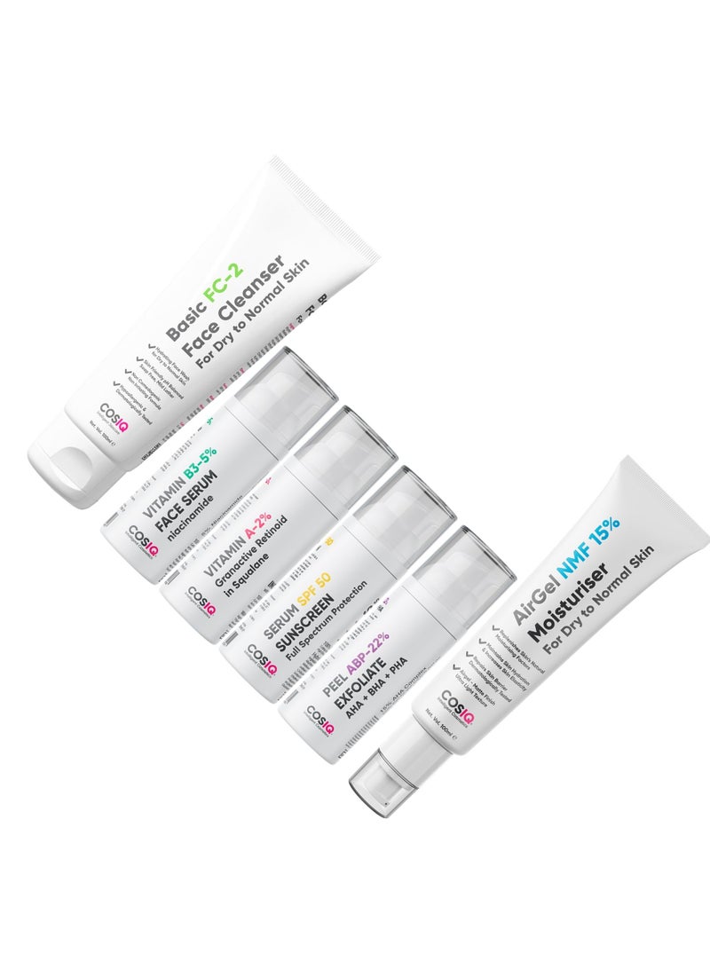 CosIQ Cos-IQ Complete Dry Skin Kit for , SPF 50 Sunscreen 30ml, ABP 22% Exfoliating Peel 30ml, Niacinamide Vitamin B3-5% Serum 30ml, AirGel NMF 15% Moisturizer 100ml, Vitamin A-2% Retinoid 30ml, FC-2 Face Wash 100ml - Image 3