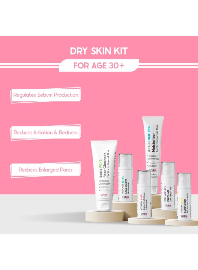 CosIQ Cos-IQ Complete Dry Skin Kit for , SPF 50 Sunscreen 30ml, ABP 22% Exfoliating Peel 30ml, Niacinamide Vitamin B3-5% Serum 30ml, AirGel NMF 15% Moisturizer 100ml, Vitamin A-2% Retinoid 30ml, FC-2 Face Wash 100ml - Image 2