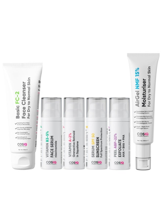 CosIQ Cos-IQ Complete Dry Skin Kit for , SPF 50 Sunscreen 30ml, ABP 22% Exfoliating Peel 30ml, Niacinamide Vitamin B3-5% Serum 30ml, AirGel NMF 15% Moisturizer 100ml, Vitamin A-2% Retinoid 30ml, FC-2 Face Wash 100ml - Image 1