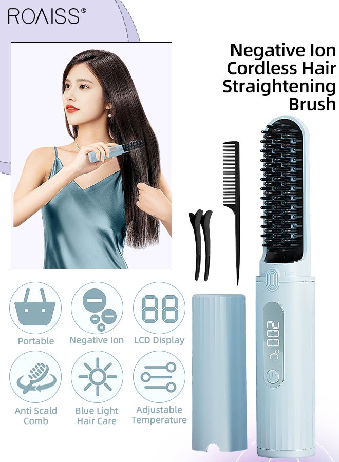 roaiss Negative Lon Cordless Hair Straightening Brush, Portable Mini Hair Straightening Comb Styling Brush, 4-speed Temperature Control with LCD Display for Travel Styling - Image 1