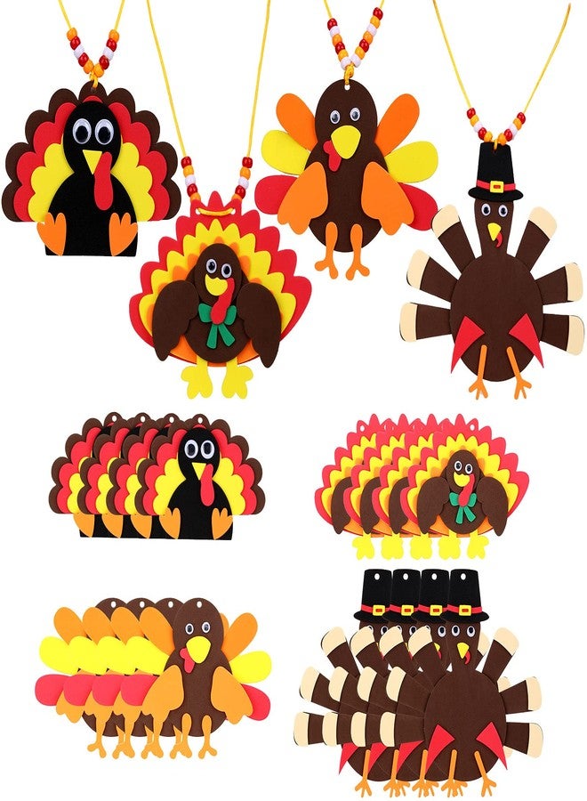 MTLEE 12 Sets Thanksgiving Turkey Craft Kits, Foam Turkey Necklace Craft Kit, DIY Turkey Necklace Thanksgiving Crafts for Kids Halloween Thanksgiving Party Favors Holiday Activities, 4 Styles - Image 1