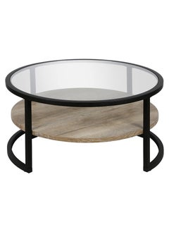 AGD Coffee Table for Living Room , Round Limed Oak Shelf  and Glass, Metal Frame in Blackened  - Image 4