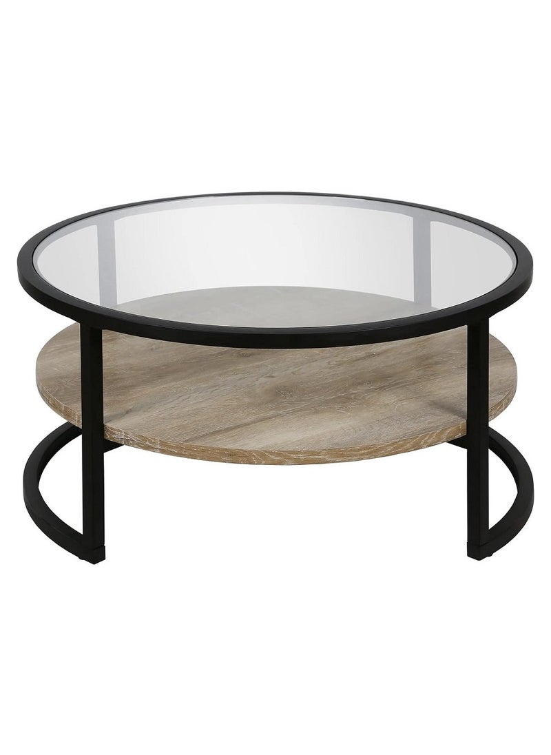 AGD Coffee Table for Living Room , Round Limed Oak Shelf  and Glass, Metal Frame in Blackened  - Image 4