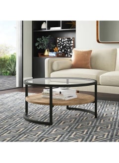 AGD Coffee Table for Living Room , Round Limed Oak Shelf  and Glass, Metal Frame in Blackened  - Image 1