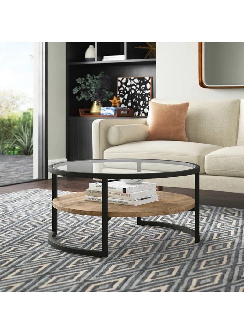 AGD Coffee Table for Living Room , Round Limed Oak Shelf  and Glass, Metal Frame in Blackened  - Image 1