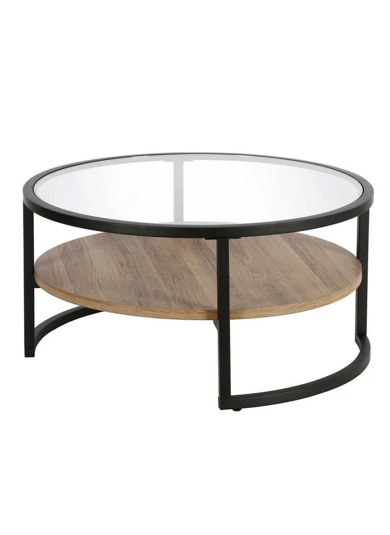 AGD Coffee Table for Living Room , Round Limed Oak Shelf  and Glass, Metal Frame in Blackened  - Image 2