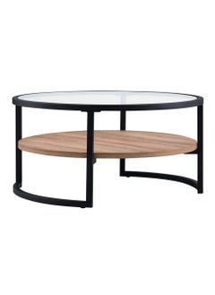 AGD Coffee Table for Living Room , Round Limed Oak Shelf  and Glass, Metal Frame in Blackened  - Image 3