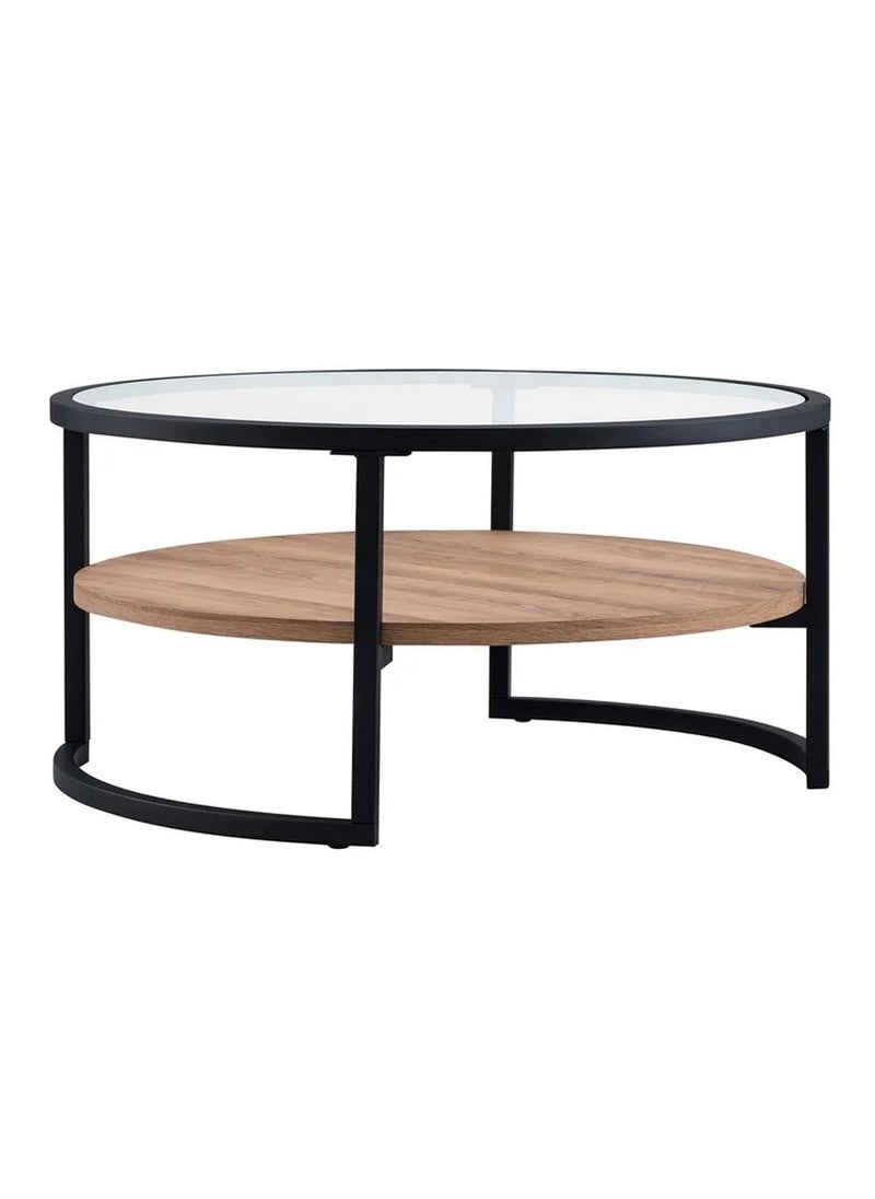 AGD Coffee Table for Living Room , Round Limed Oak Shelf  and Glass, Metal Frame in Blackened  - Image 3