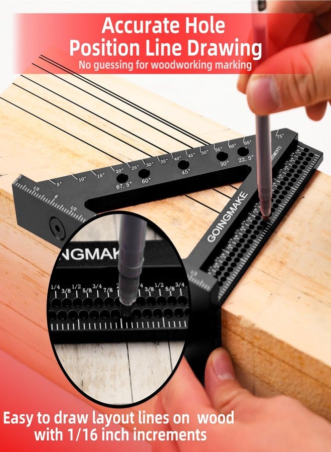 GOINGMAKE 4 in 1 Carpenter Square 4 x 5 Inch Precision Hole Position Scribing Ruler 3D Woodworking Square Multi Angle Measuring Ruler with Quick Angle Pin 0-90 Degree Protractor Layout Measuring Tool - Image 3