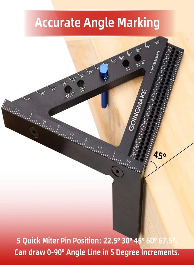 GOINGMAKE 4 in 1 Carpenter Square 4 x 5 Inch Precision Hole Position Scribing Ruler 3D Woodworking Square Multi Angle Measuring Ruler with Quick Angle Pin 0-90 Degree Protractor Layout Measuring Tool - Image 5