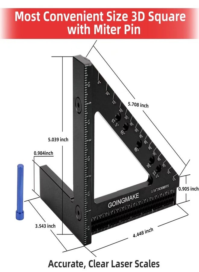 GOINGMAKE 4 in 1 Carpenter Square 4 x 5 Inch Precision Hole Position Scribing Ruler 3D Woodworking Square Multi Angle Measuring Ruler with Quick Angle Pin 0-90 Degree Protractor Layout Measuring Tool - Image 2