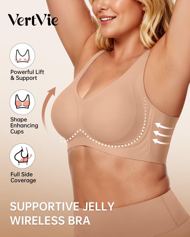 Vertvie Womens Jelly Wireless Bras Seamless T-Shirt Bra No Underwire Full Coverage Pullover Bralettes Supportive Sports Bras(Medium,Praline) - Image 3