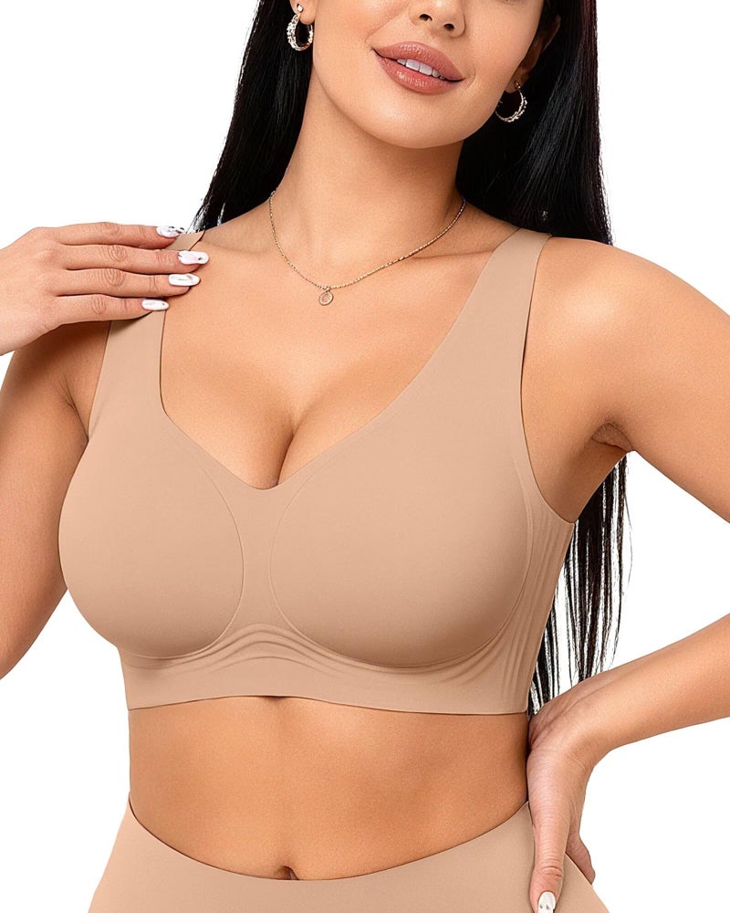 Vertvie Womens Jelly Wireless Bras Seamless T-Shirt Bra No Underwire Full Coverage Pullover Bralettes Supportive Sports Bras(Medium,Praline) - Image 1