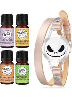 mEssentials Wild Essentials Jack Skullington Essential Oil Leather Wrap Bracelet Diffuser Gift Set, Lavender, Lemongrass, Peppermint, Orange Oils, 12 Pads, Customize Color Changing Perfume Jewelry, Aromatherapy 