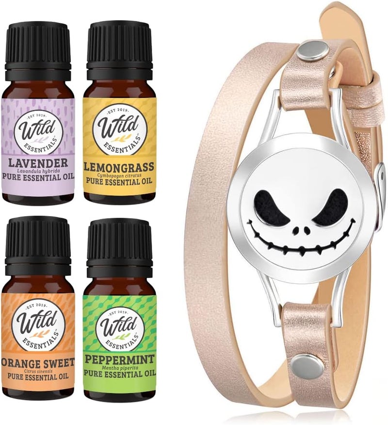mEssentials Wild Essentials Jack Skullington Essential Oil Leather Wrap Bracelet Diffuser Gift Set, Lavender, Lemongrass, Peppermint, Orange Oils, 12 Pads, Customize Color Changing Perfume Jewelry, Aromatherapy