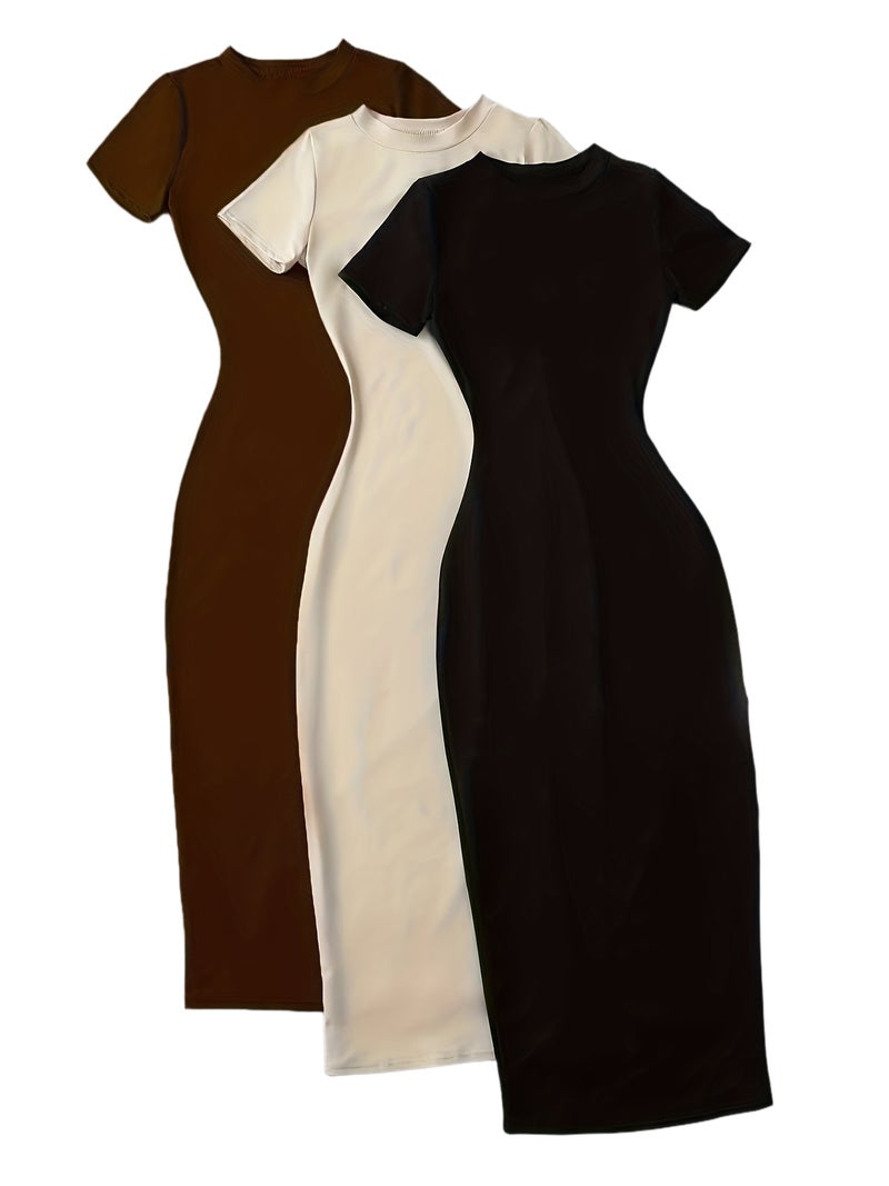 3pcs Long Dress Set, Elegant and Chic Casual Formal Dress, Classic Short-sleeved Dress with a Graceful Style, Suitable for Layering or Wearing as Outerwear. Elegant Women's Party Dress, S... - Image 1