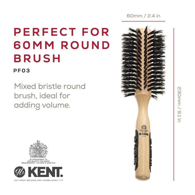 Kent PF03 Round Boar Bristle Hair Brush with Nylon Bristle Mix, Round HairBrush for Blow Drying and Blowout, for Shoulder Length or Short Hair, Rubber Antifatigue Handle - Image 2