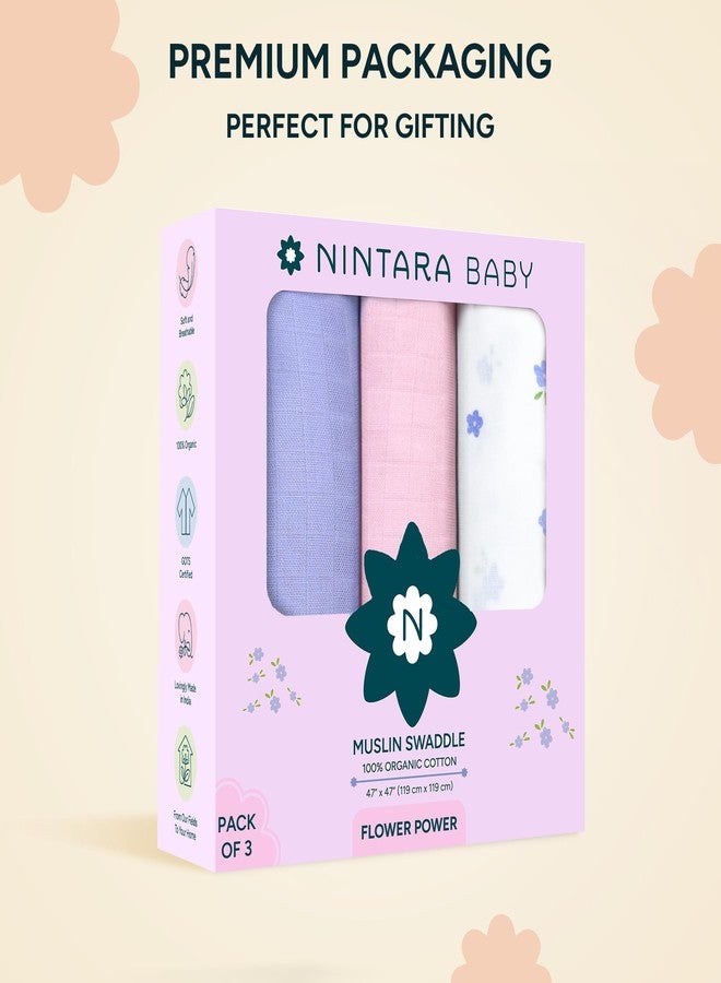 NINTARABABY قماطات نينتارابيبي كبيرة جدًا - مصنوعة من قطن موسلين عضوي فاخر ١٠٠٪، ٤٧ × ٤٧ بوصة، فائقة النعومة، قابلة للتهوية، خفيفة الوزن ومتعددة الاستخدامات، هدايا لحديثي الولادة، عبوة من ٣ قطع - Image 5