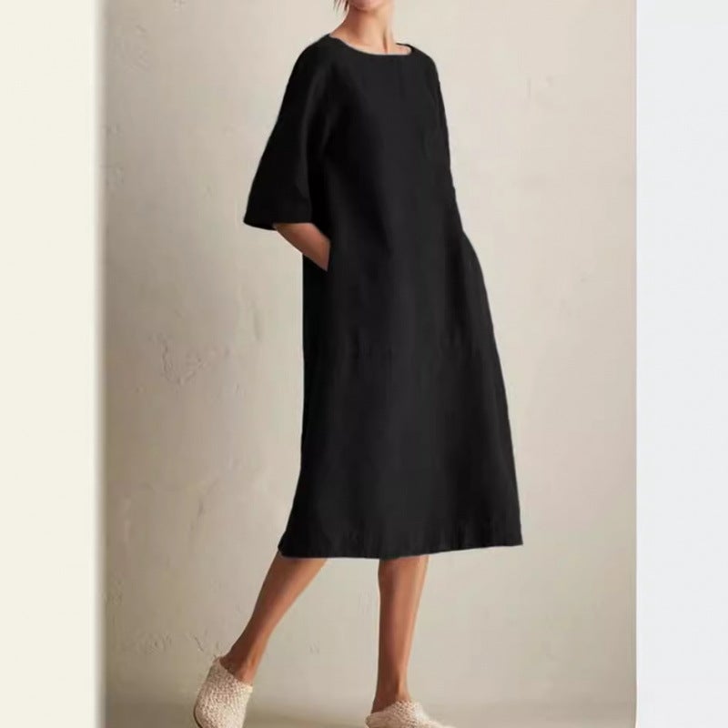 Plus Size Women's Casual Round Neck Short Sleeve Linen Pocket Dress - Image 4