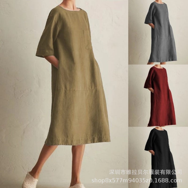 Plus Size Women's Casual Round Neck Short Sleeve Linen Pocket Dress - Image 1