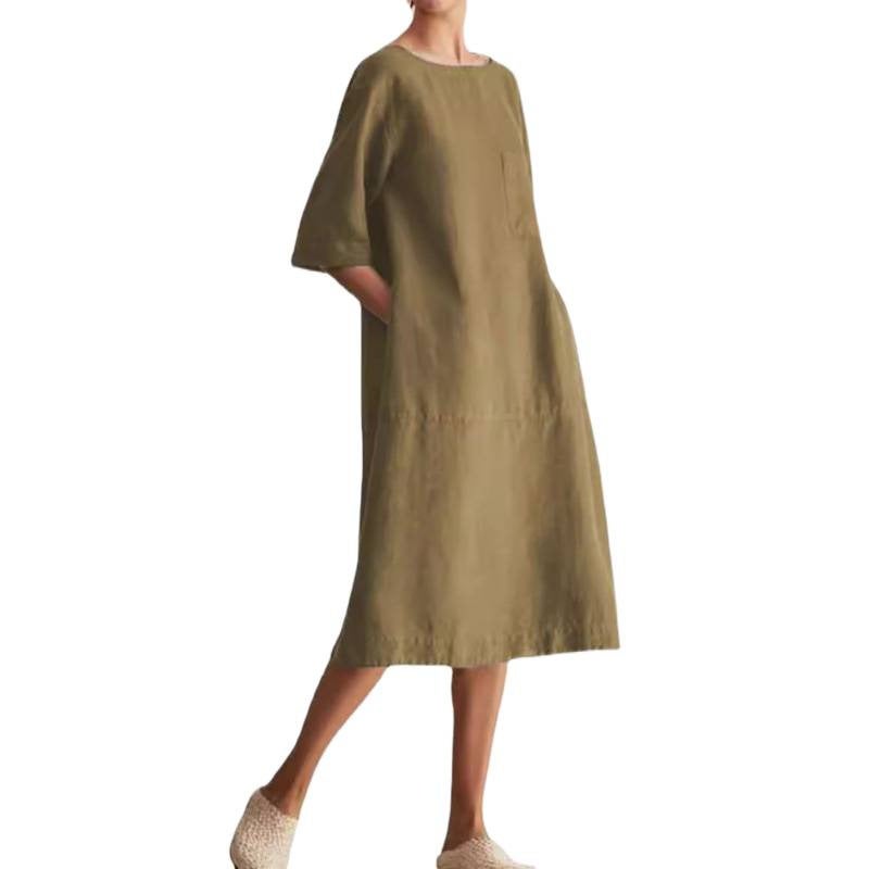 Plus Size Women's Casual Round Neck Short Sleeve Linen Pocket Dress - Image 5