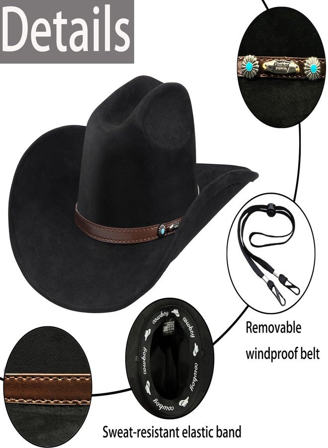 Foeran Western Cowboy Hat for Men Women,Shapeable Wide Brim Felt Fedora Classic Cowgirl Hats for Cowboys and Cowgirls,with bolo tie, Black-d, M-L - Image 2