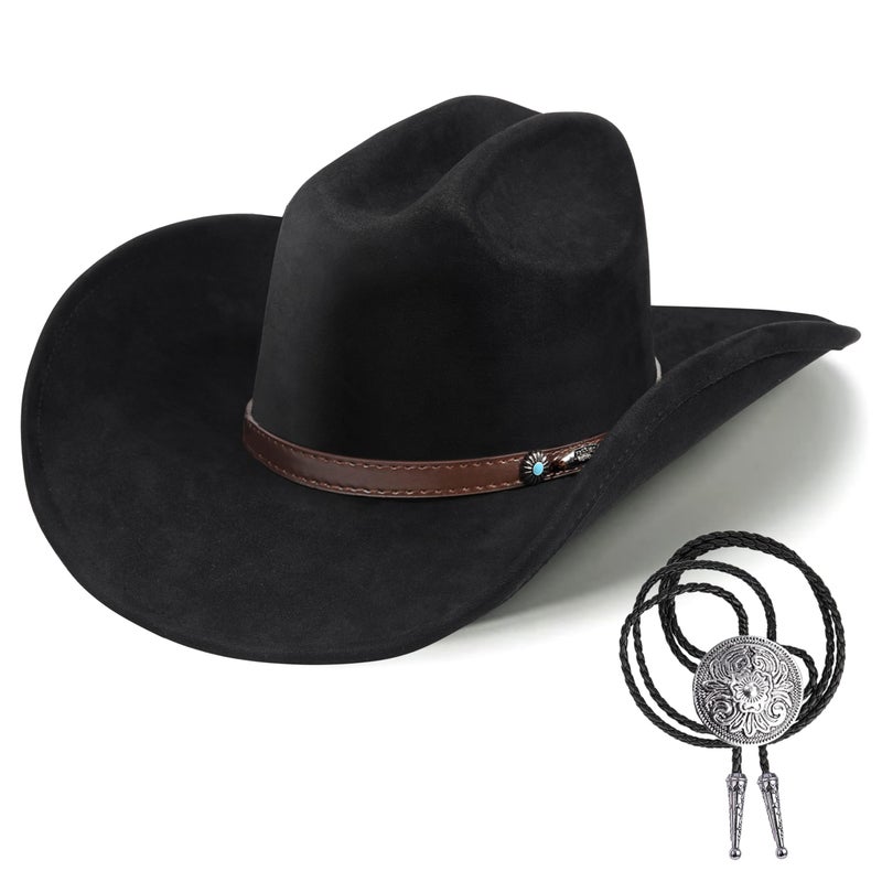 Foeran Western Cowboy Hat for Men Women,Shapeable Wide Brim Felt Fedora Classic Cowgirl Hats for Cowboys and Cowgirls,with bolo tie, Black-d, M-L - Image 1
