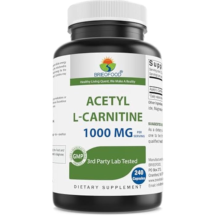 Brieofood Acetyl L-Carnitine 1000 mg Per Serving- 240 Capsules. Gluten-Free, Non-GMO. - Image 1