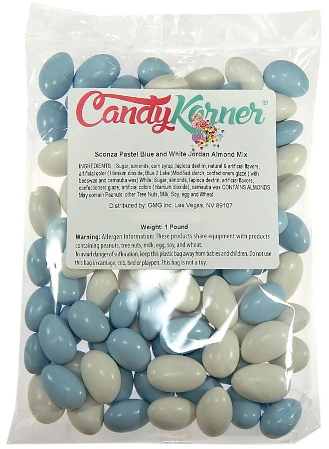 CandyKorner لوز الأردن - لوز مغطى بالحلوى - مزيج أزرق فاتح وأبيض - لوز من الدرجة الأولى مغطى بطبقة رقيقة من الحلوى من كاندي كورنر - 1 رطل (16 أونصة) - Image 1