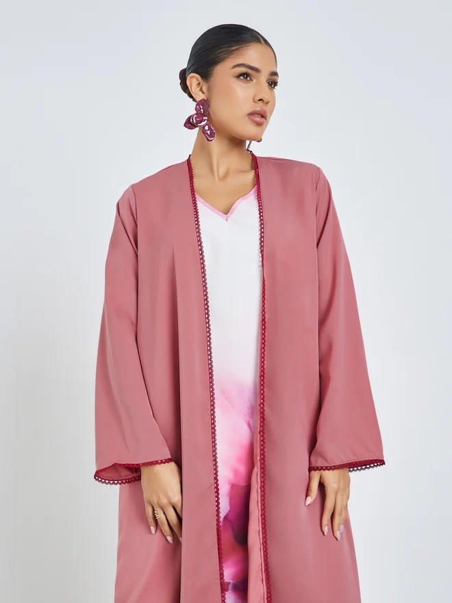 Amirah Red Front Open Abaya with Lace Trim