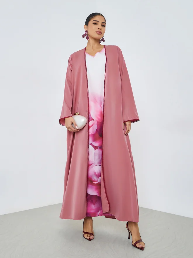 Amirah Red Front Open Abaya with Lace Trim