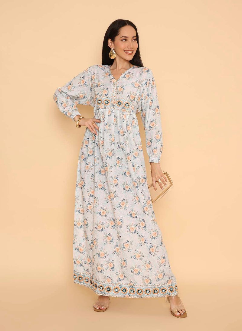 HANA & SARA Elegant & unique stone beaded design womens pure viscose flowery printed long arabic jalabiya dress - Image 1