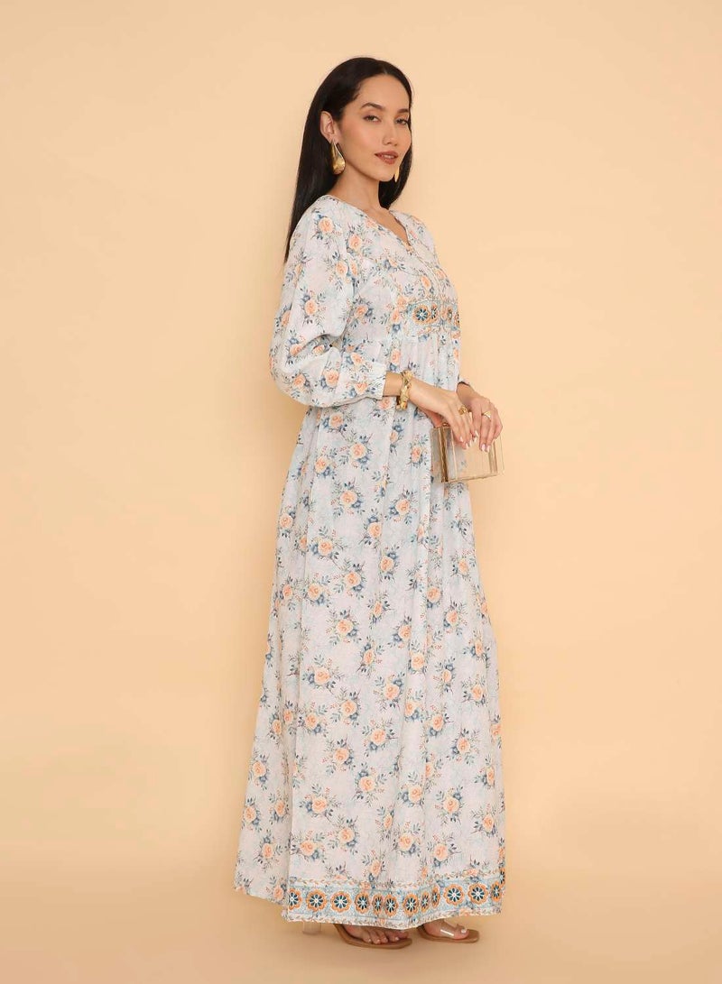 HANA & SARA Elegant & unique stone beaded design womens pure viscose flowery printed long arabic jalabiya dress - Image 4