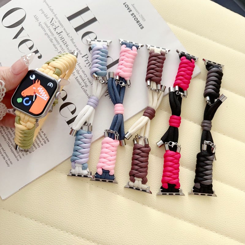 Dopamine Handmade Woven Rope Strap Upgrade Contrasting Color Matching Metal Anti Drop Design For Apple Watch 42 44 45 46 49 Mm Orange Starlight Unisex - Image 1