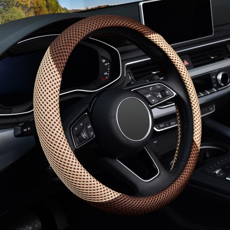 KAFEEK Steering Wheel Cover Universal 15 inch Microfiber Breathable Ice Silk AntiSlip Odorless Beige Brown