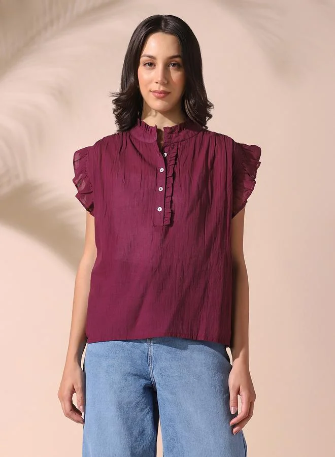 Women's Mauve 100% Cotton Solid Pattern Regular Fit Tops