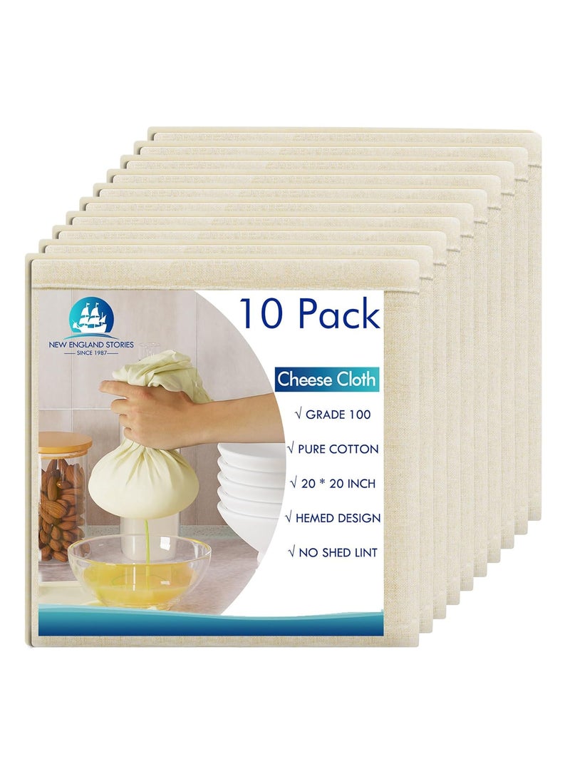 New England Stories 10 PCS Reusable Cheesecloth Grade 100 20x20 Inch Hemmed Organic Cheese Cloth for Straining Craft 100 Cotton Unbleached Muslin Cloth Strainer for Cooking Baking Juicing Cheese Making  - Image 1