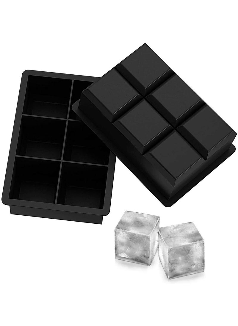 Zollyss Zollyss Silicone Ice Cube Trays Large Size Flexible 6 Cavity Ice Cube Square Molds for Whiskey and Cocktails, Keep Drinks Chilled (2 Pcs, Black)  - Image 1