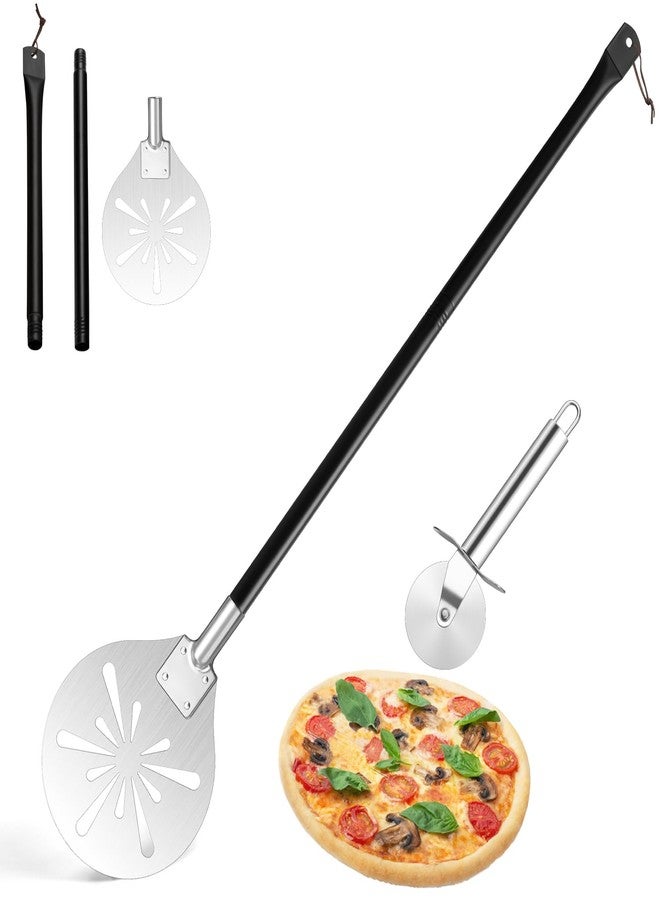 Leonyo 9 Inch Perforated Pizza Peel & Classic Cutter Wheel, Leonyo Stainless Steel Pizza Turning Peel with Adjustable Long Handle Round Spatula Paddle for Chefs, Bakers, Homemade Oven - Image 1
