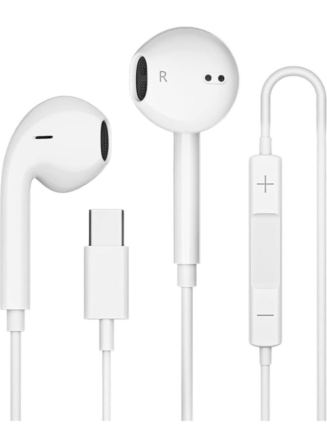 USB C Wired Headphones with Mic & Volume Control, Noise Cancelling Earphones for USB-C Devices - White