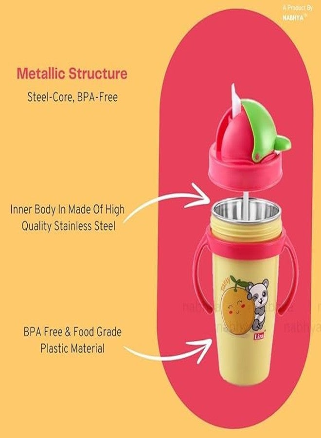 Zerya Hot & Cold Insulated Stainless Steel 360ml BPA-Free Cute Animal Design Baby Sipper Kids Water Bottle with Straw and Side Handle for Kids (Yellow) - Image 4