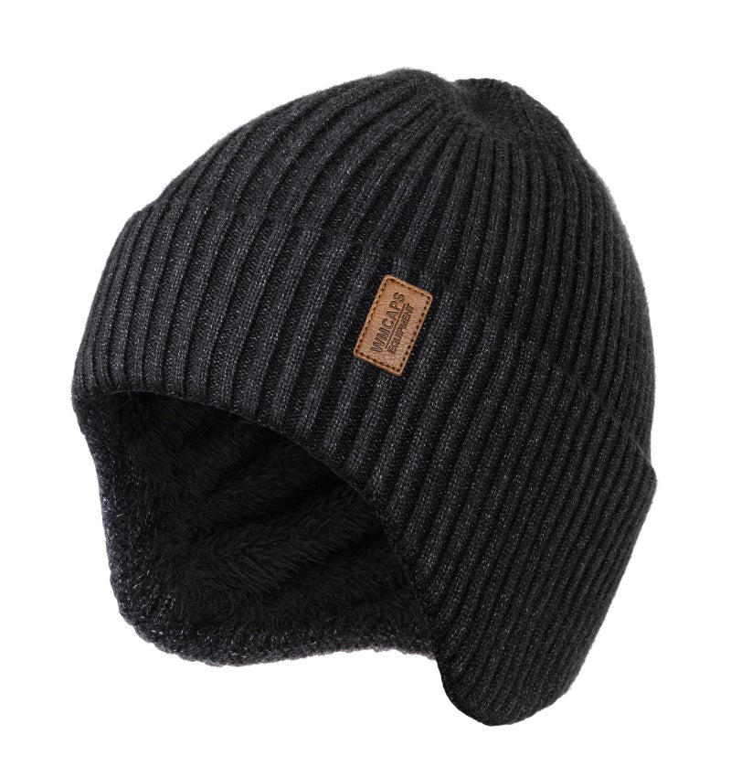 Wmcaps Fleece Lined Winter Beanie with Earflap for Men Women - Windproof Thermal Knit Hat for Cold Weather Slate Gray - Image 1