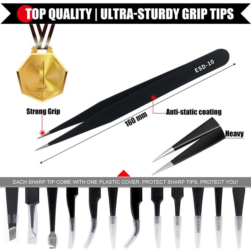 Antonki 12 Pack Tweezers, Precision Tweezers Set, Craft Tweezer Kit, Soldering Tweezers, Jewelry Tweezers, Pointed Ingrown Hair Tweezers, Eyelash Extension Tweezers, Eyebrow Tweezers - with Case - Image 5