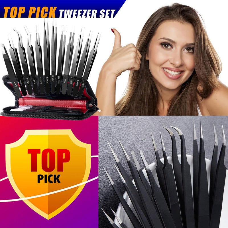Antonki 12 Pack Tweezers, Precision Tweezers Set, Craft Tweezer Kit, Soldering Tweezers, Jewelry Tweezers, Pointed Ingrown Hair Tweezers, Eyelash Extension Tweezers, Eyebrow Tweezers - with Case - Image 2